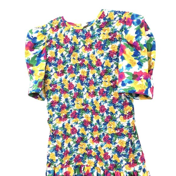 Vintage Plaza South Floral Puff Sleeve Smocked Drop Waist Midi Dress Size 8 - Picture 11 of 14